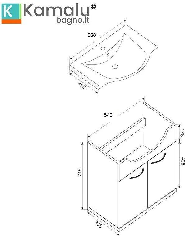 Kamalu - Composizione bagno a terra o sospesa 55 cm bicolore bianco e legno chiaro | LAC-ESTIA-55