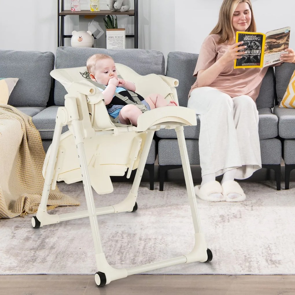 Costway Seggiolone 4 in 1 per bambini con 6 altezze, Seggiolone pieghevole con schienale regolabile in 5 posizioni Beige