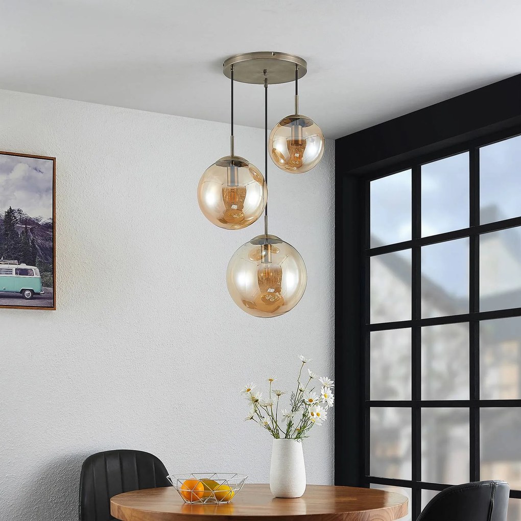 Lampada a sospensione in vetro Teeja Lindby, dimmerabile, Crema / Ambra, Soggiorno / Sala da pranzo, Vetro, Moderno, Lampada a sospensione