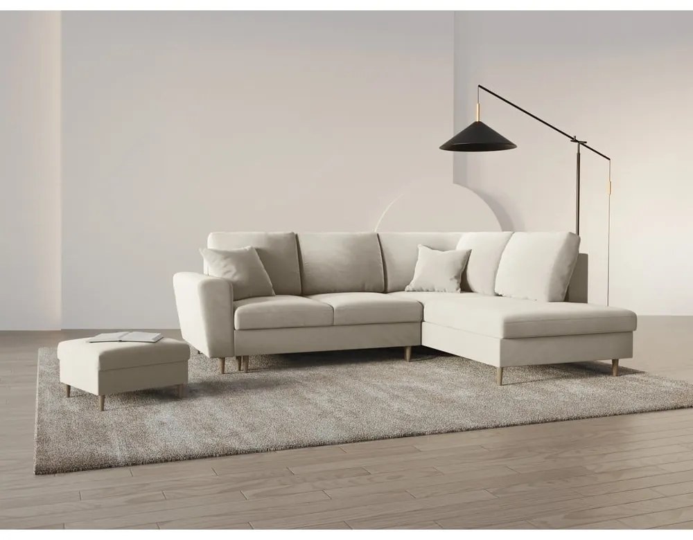 Divano angolare beige allungabile e con contenitore (con penisola a destra/a L) con rivestimento in velluto Kyoto – Cosmopolitan Design