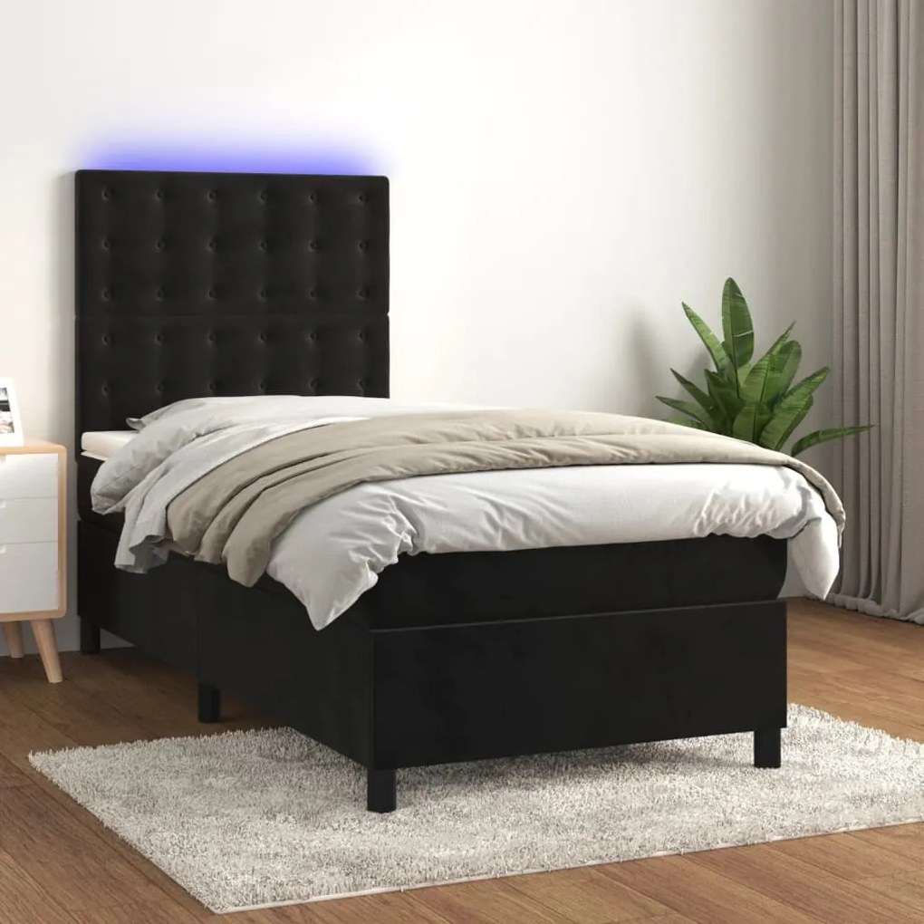 Letto a molle con materasso e led nero 100x200 cm in velluto