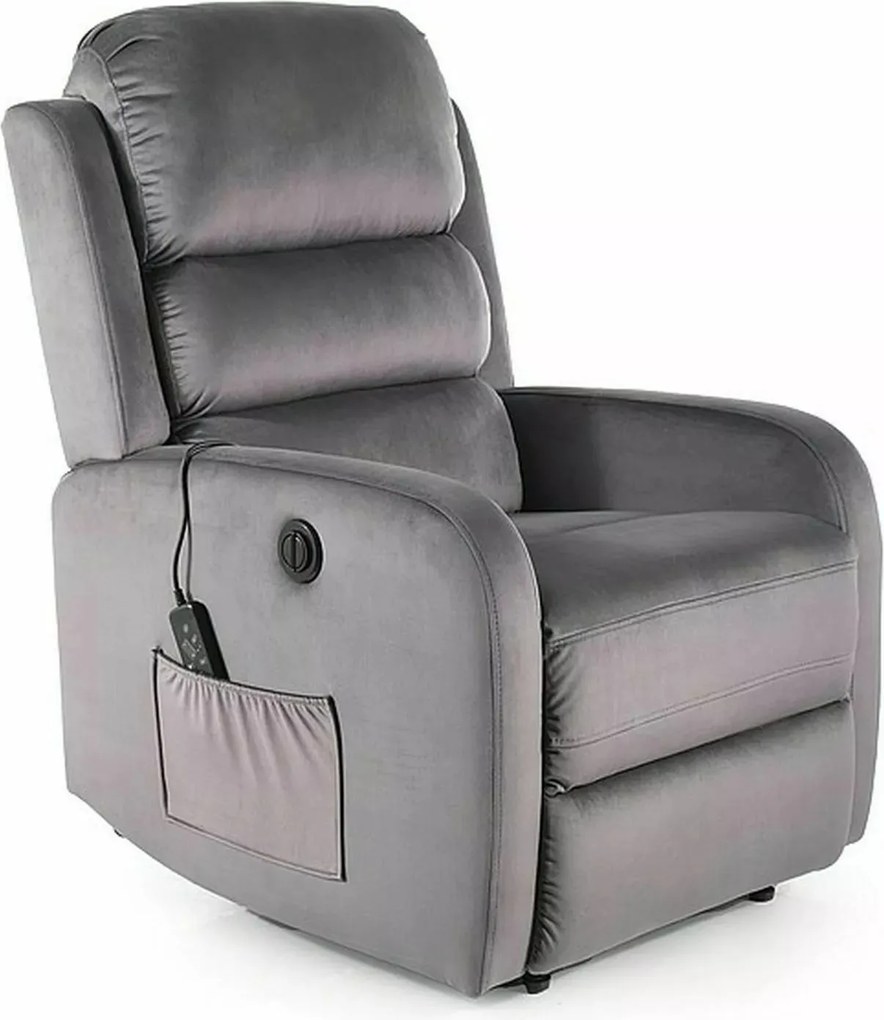 Poltrona reclinabile Pegaz M Velvet grigia con massaggio – 64x88–160x102 cm