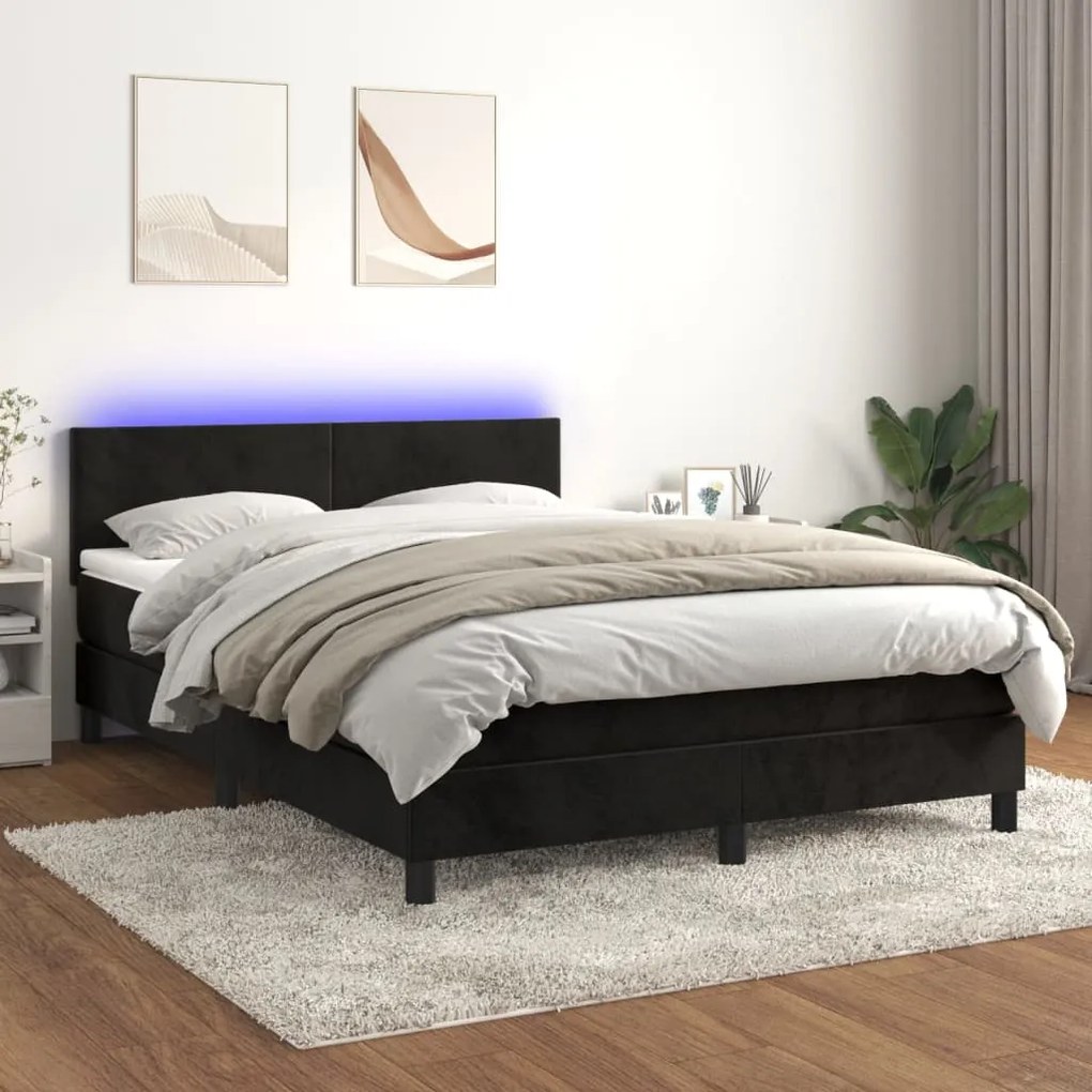 Letto a molle con materasso e led nero 140x190 cm in velluto