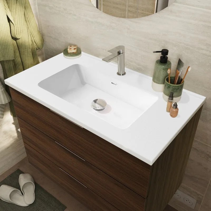 Mobile bagno sospeso con lavabo L 80 x H 72 x P 45 cm noce browny 3 cassetti per vasca centrale Jnka