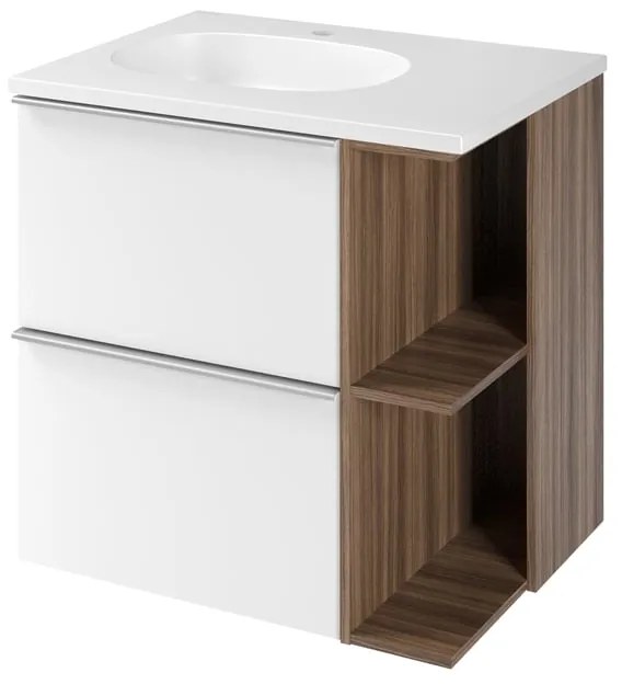 Mobile bagno sospeso con lavabo e organizer per cosmetici, top incluso L 60 x H 55 x P 45 cm bianco e noce in truciolare 2 cassetti per vasca a sinistra Modern
