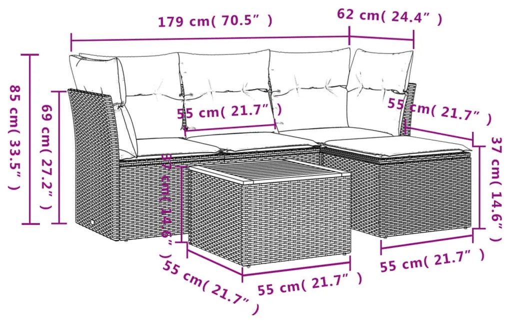 Set divani da giardino 5 pz con cuscini in polyrattan nero