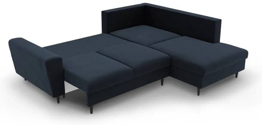 Divano angolare blu scuro allungabile e con contenitore (con penisola a destra/a L) con rivestimento in velluto Kyoto – Cosmopolitan Design