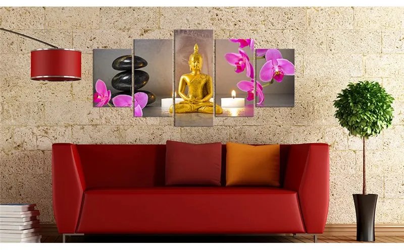 Quadro Buddha d'oro e orchidee  Colore Nero, Dimensioni e Misure 100x50