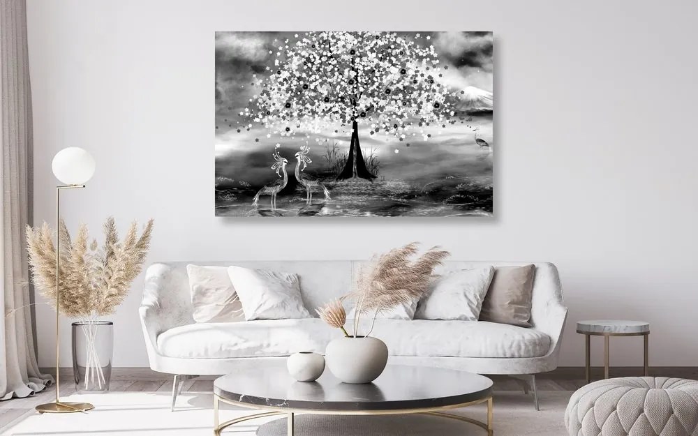 Quadro su tela – Aironi sotto un albero magico in bianco e nero
