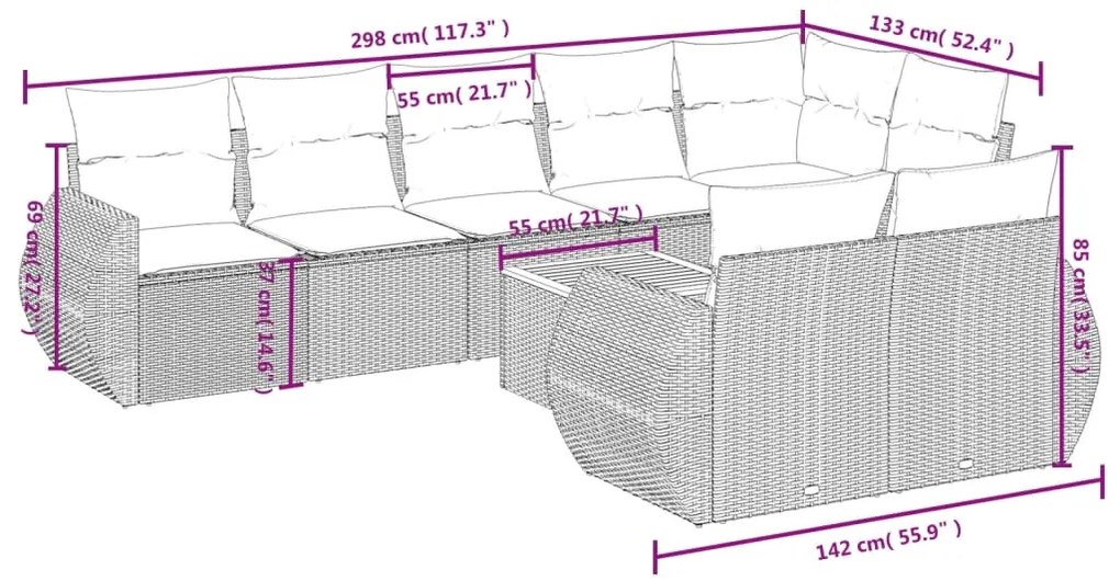 Set Divano da Giardino 9 pz con Cuscini Beige in Polyrattan