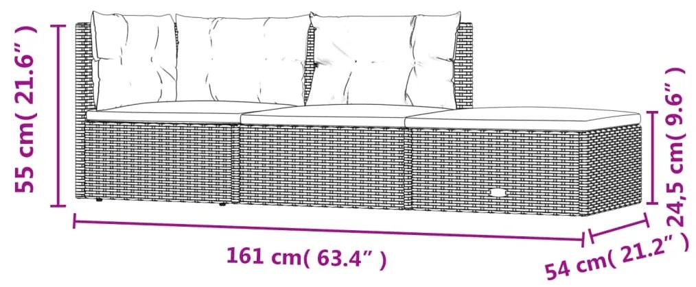 Set Divani da Giardino 3 pz con Cuscini in Polyrattan Grigio