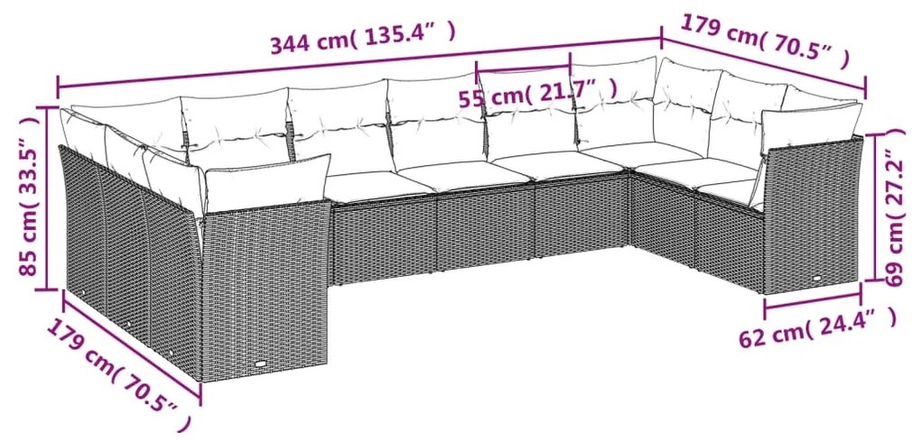 Set divano giardino 10 pz con cuscini grigio chiaro polyrattan