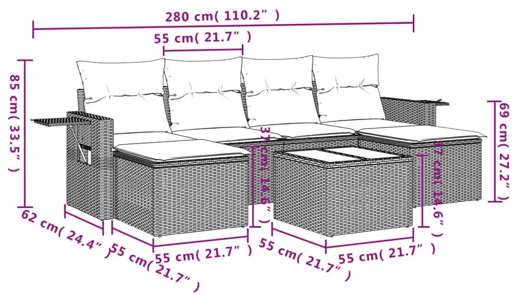 Set divani da giardino 7 pz con cuscini beige in polyrattan