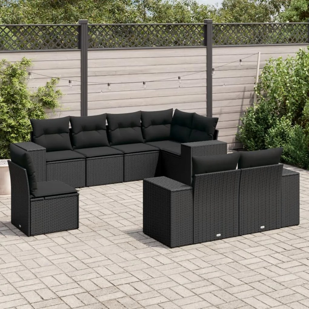 Set divani da giardino con cuscini 8 pz nero in polyrattan