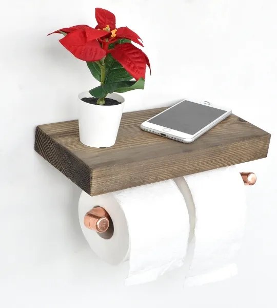 Porta carta igienica con ripiano BORU 12x30 cm abete/rame