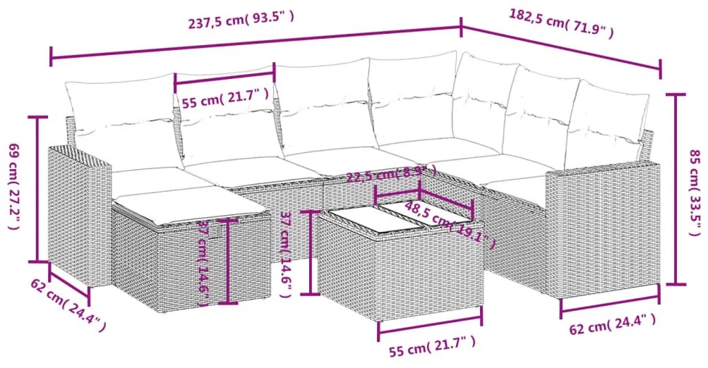 Set divano da giardino 8 pz con cuscini beige misto polyrattan