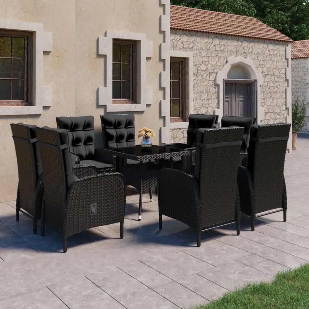 Set da pranzo da giardino 9 pz in polyrattan e vetro nero