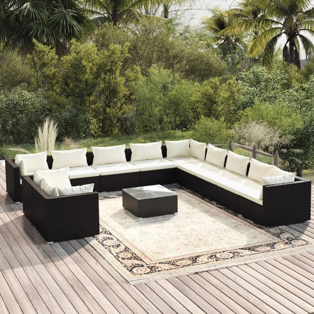 Set divani da giardino 12 pz con cuscini in polyrattan nero