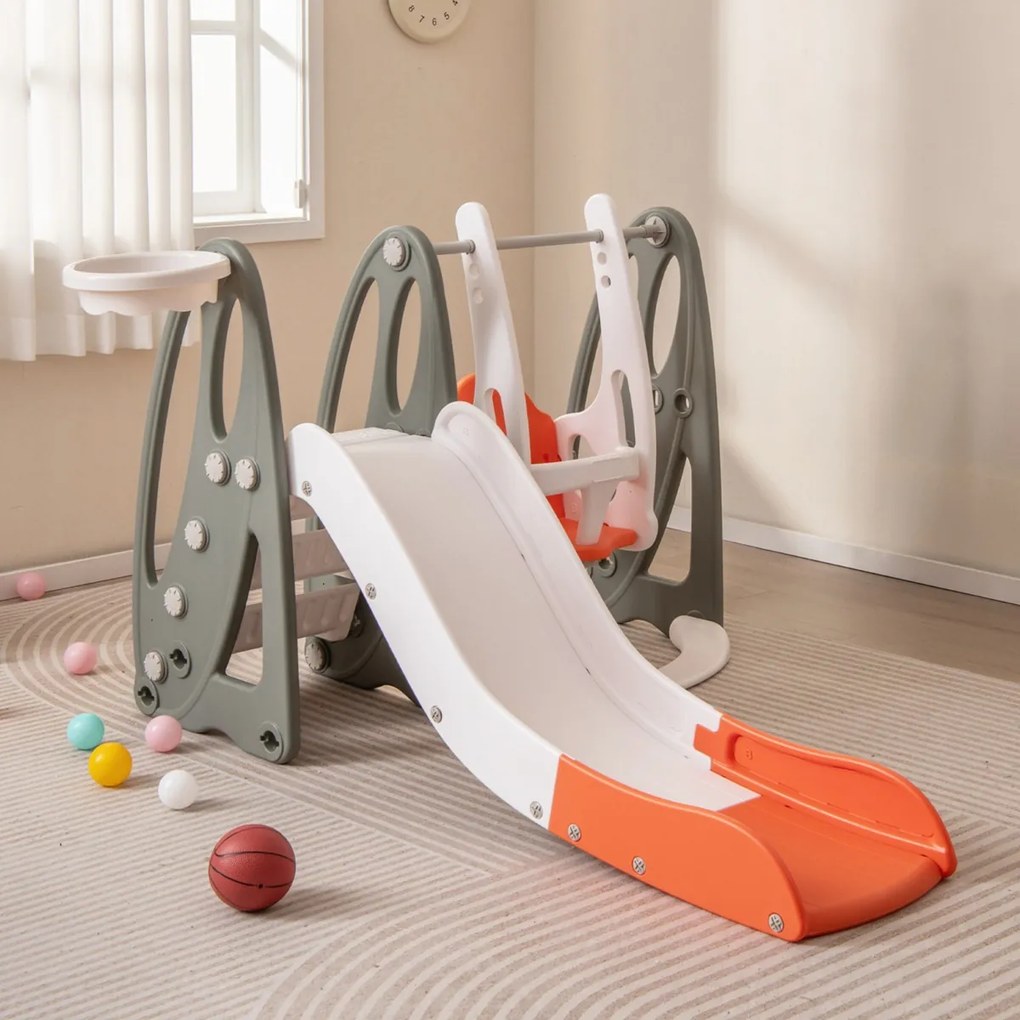 Costway Set di scivolo 4-in-1 con arrampicata altalena regolabile in altezza, Set di gioco per interni per bambini Arancione