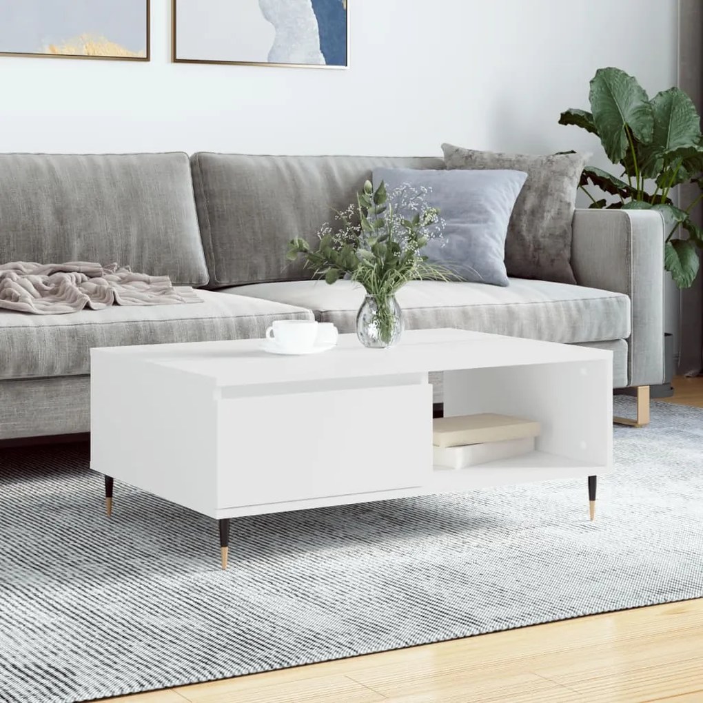 Tavolino Da Salotto Bianco 90x60x35 Cm İn Legno Multistrato /