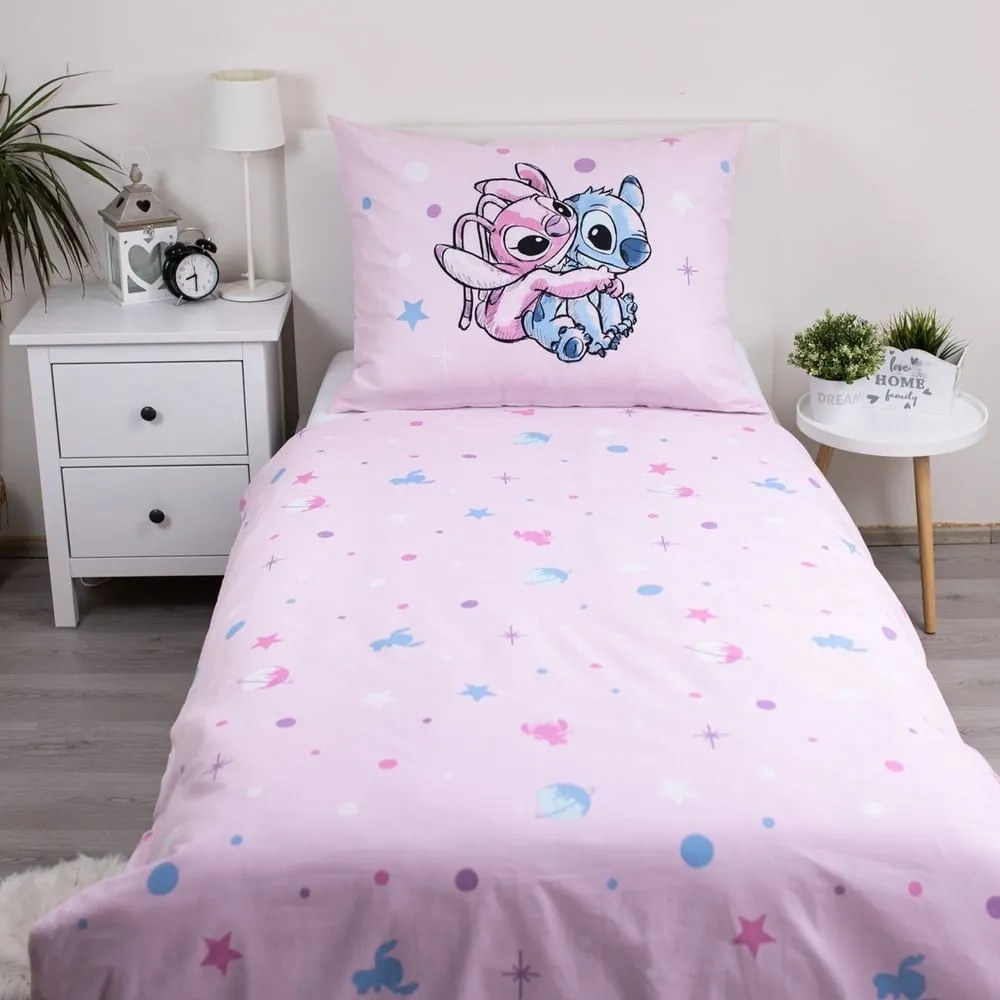 Set copripiumino e federa da bambini rosa in cotone per letto singolo 140x200 cm Lilo a Stitch "Universe" – Jerry Fabrics