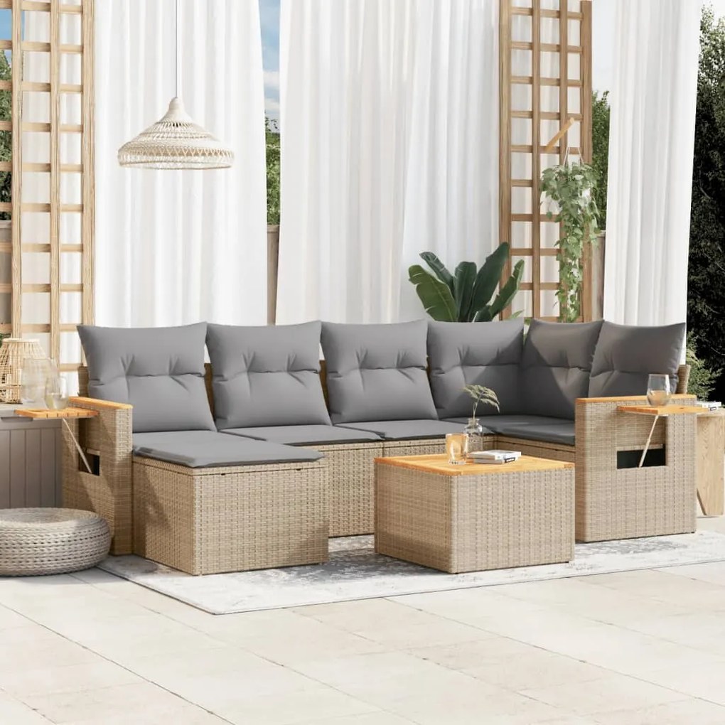 Set Divani da Giardino 7 pz con Cuscini Beige in Polyrattan