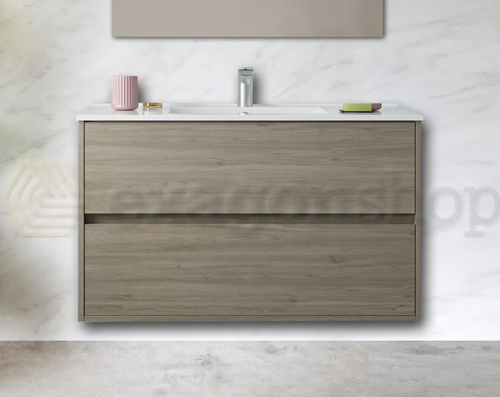 Mobile Bagno Rovere Scuro 100x45 Rigo Due Cassetti con Lavabo In Porcellana e Specchio Con Lampada Applique