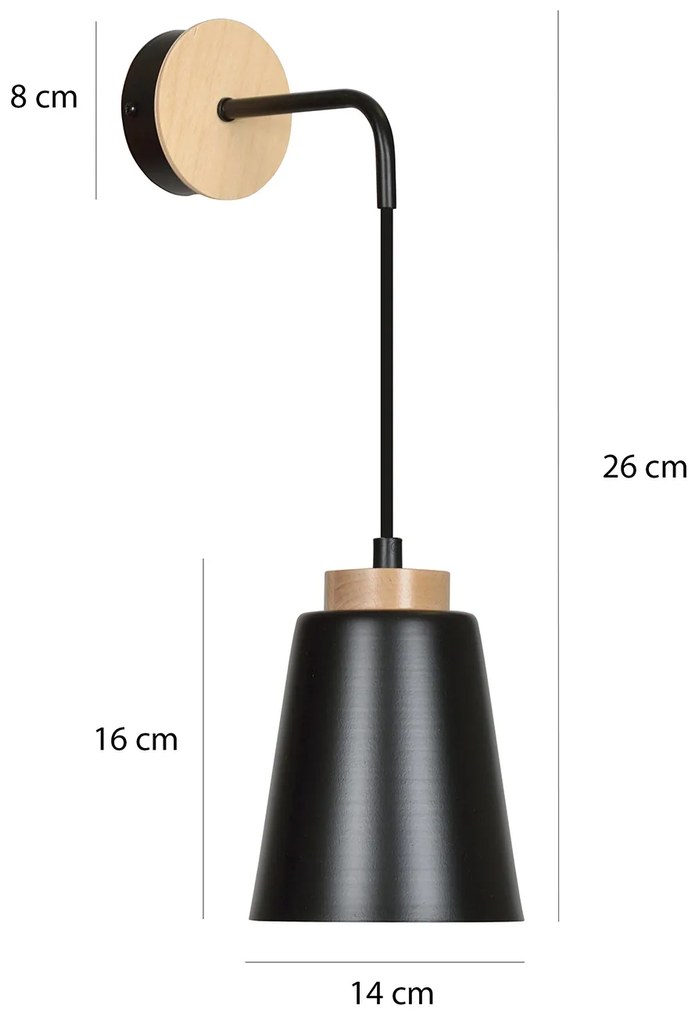Applique 1 Luce Lancillotto A Cono In Acciaio Nero E Legno Naturale