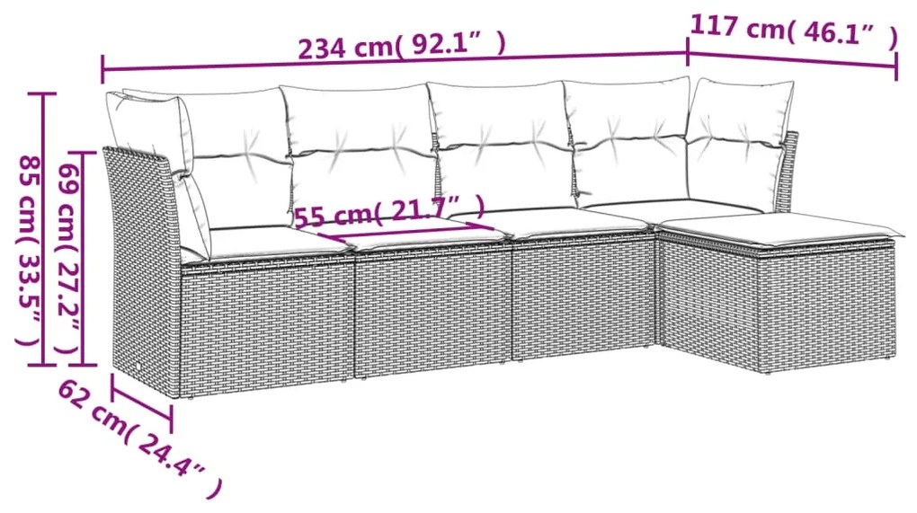 Set Divano da Giardino 5 pz con Cuscini Beige in Polyrattan