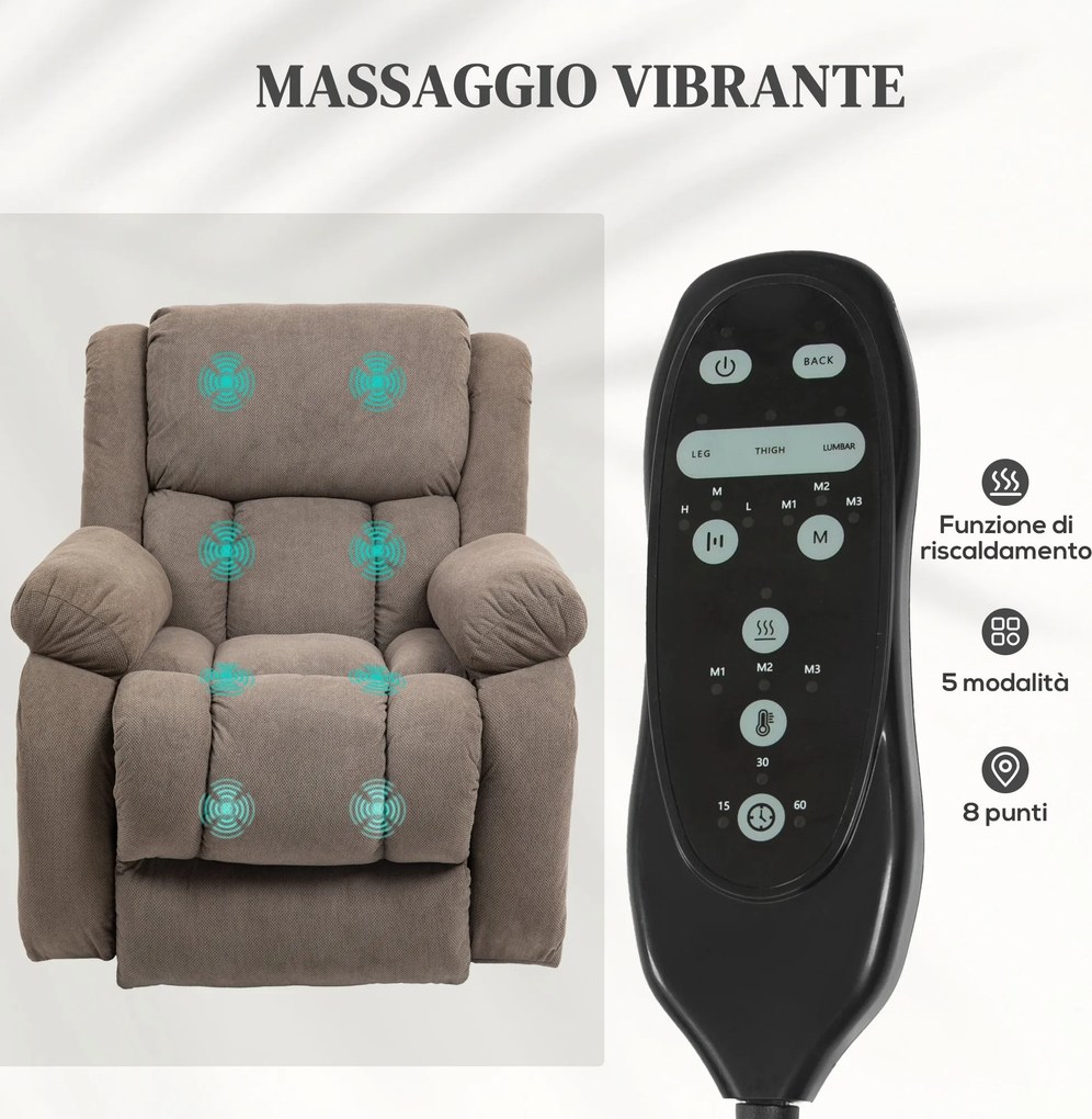 Poltrona Alzapersona Massaggiante e Reclinabile 93x104x105 cm Marrone Chiaro...
