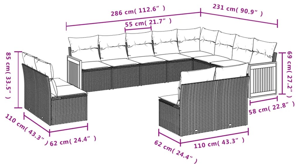 Set divani da giardino 12 pz con cuscini beige in polyrattan