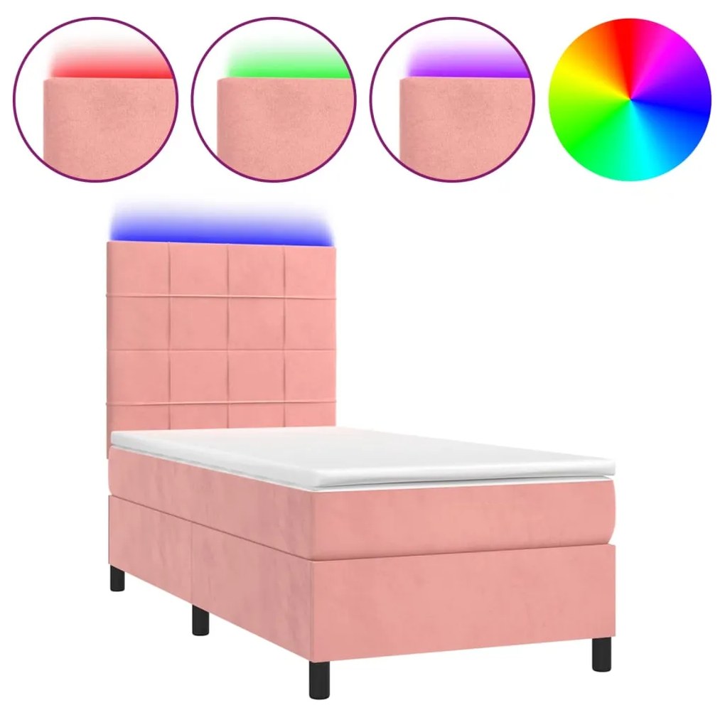 Letto a molle con materasso e led rosa 80x200 cm in velluto