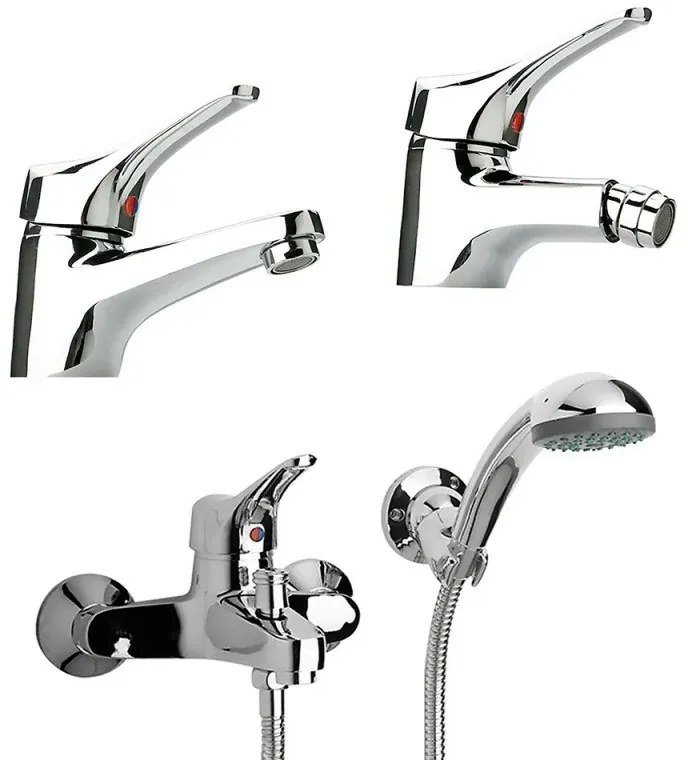 Set miscelatori lavabo bidet e vasca con kit doccia cromati Piralla Ariel scarico incluso
