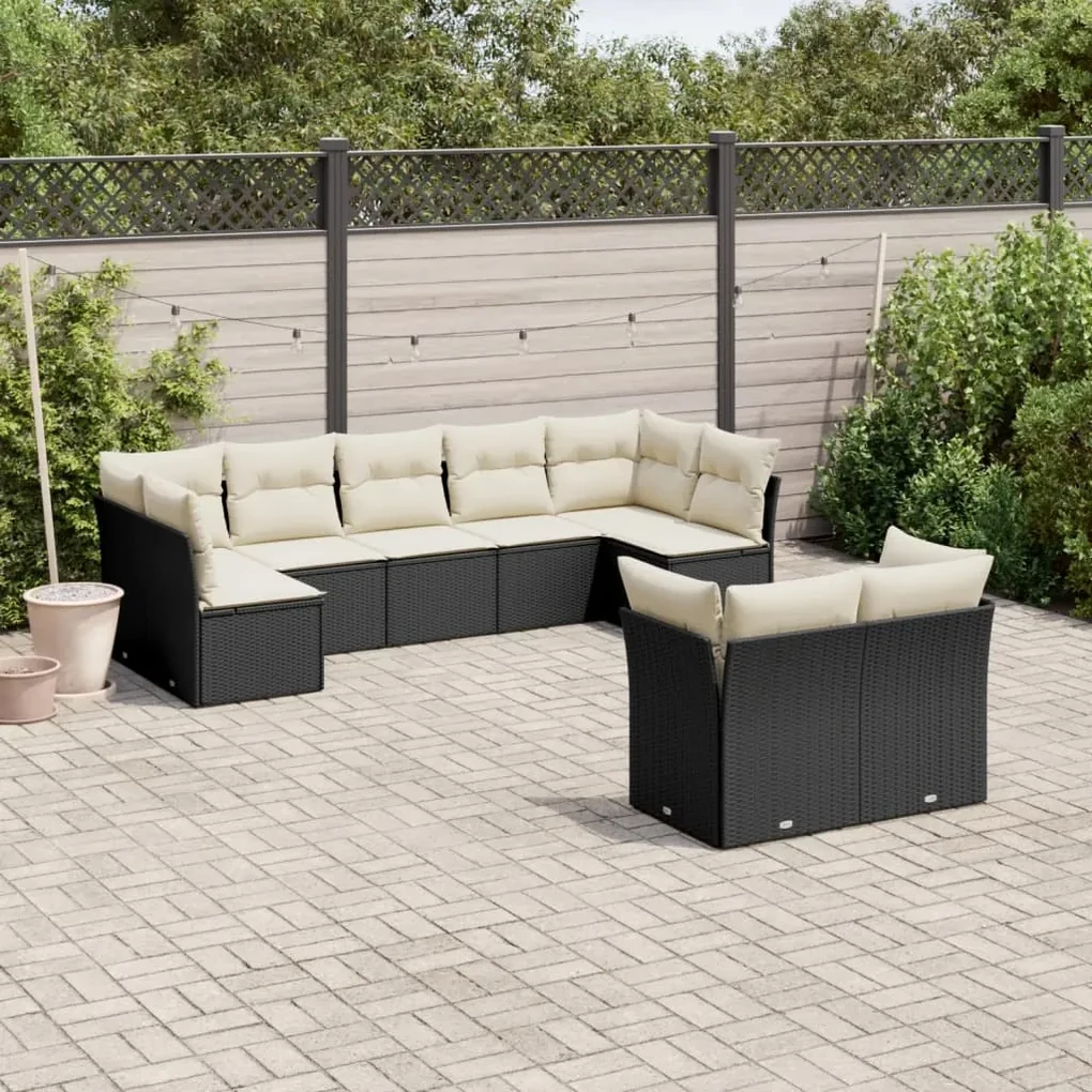 Set divani da giardino 9 pz con cuscini nero in polyrattan