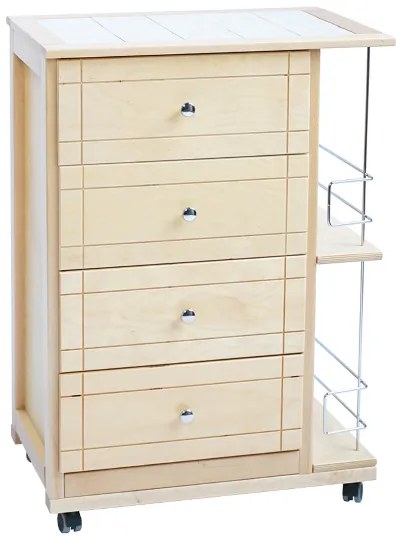 Carrello da cucina GIADA con 4 cassetti e portabottiglie Naturale