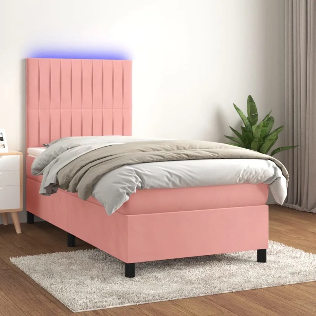 Letto a molle con materasso e led rosa 100x200 cm in velluto