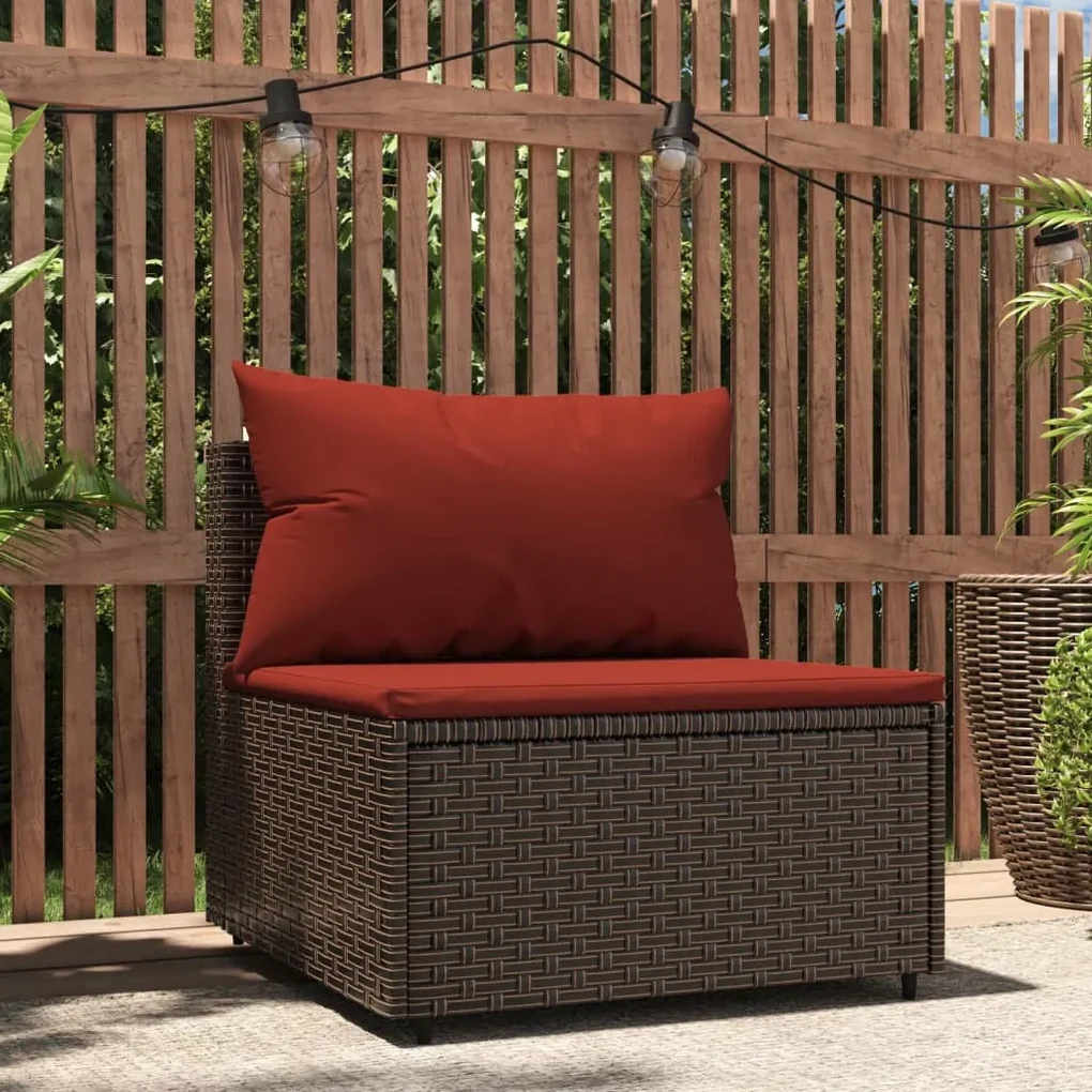 Divano centrale da giardino con cuscini in polyrattan marrone