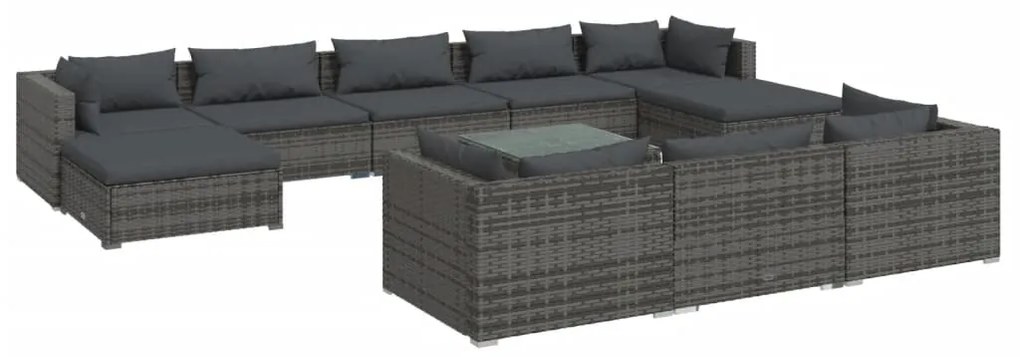 Set Divani da Giardino 11 pz con Cuscini in Polyrattan Grigio