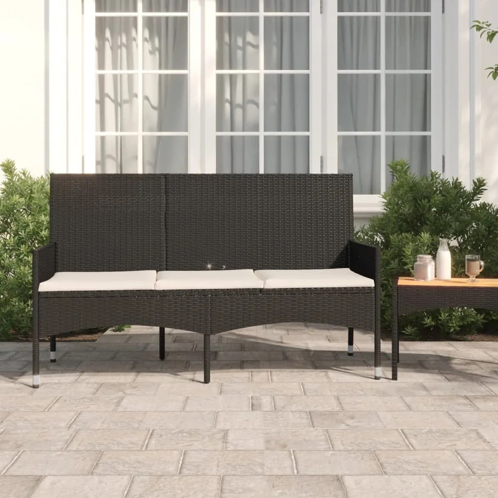 Panca da giardino a 3 posti con cuscini in polyrattan nero