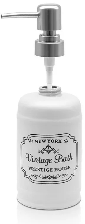 Dispenser sapone in ceramica bianca con stampe a contrasto nere stile vintage