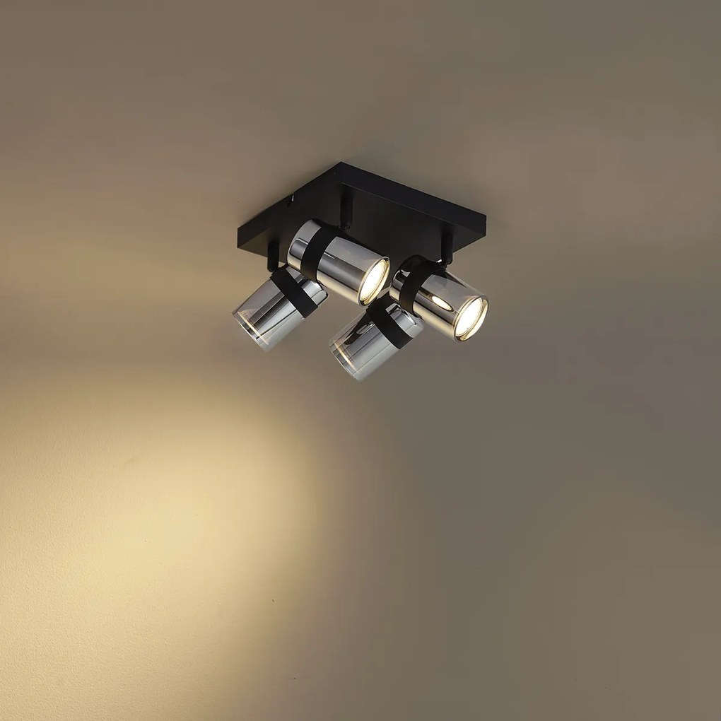 Faretto da soffitto nero con vetro fumé 4 luci ruotabile e inclinabile - Gianni