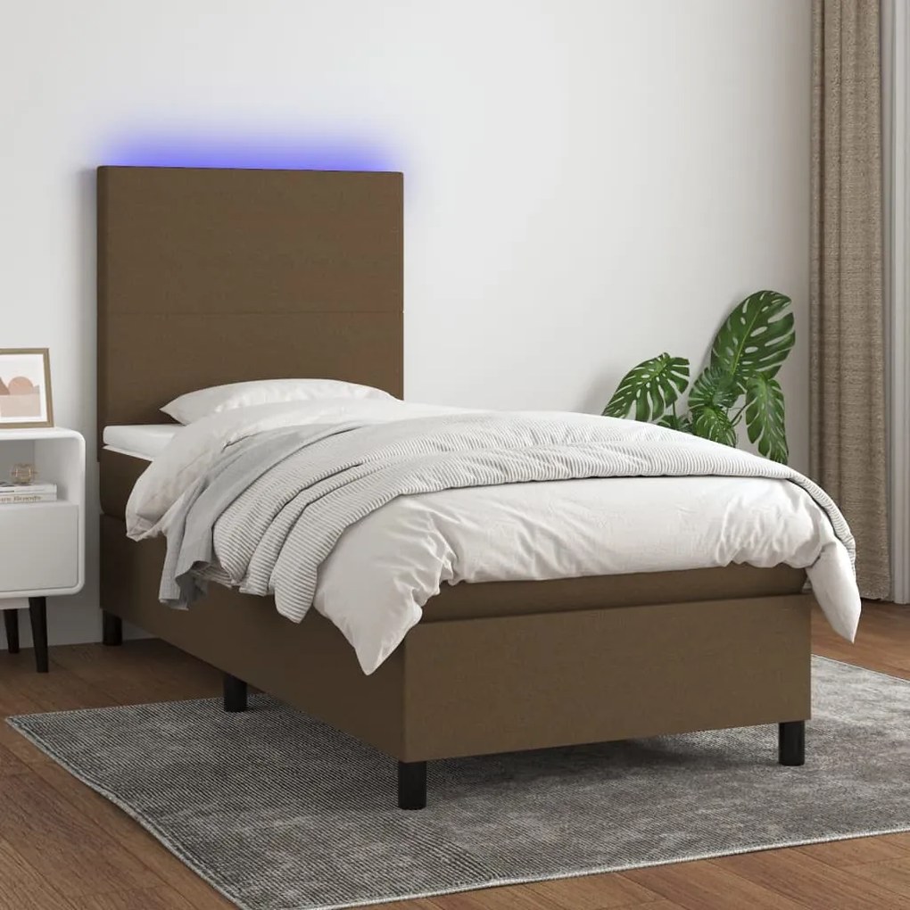 Letto a molle materasso e led marrone scuro 90x190cm in tessuto