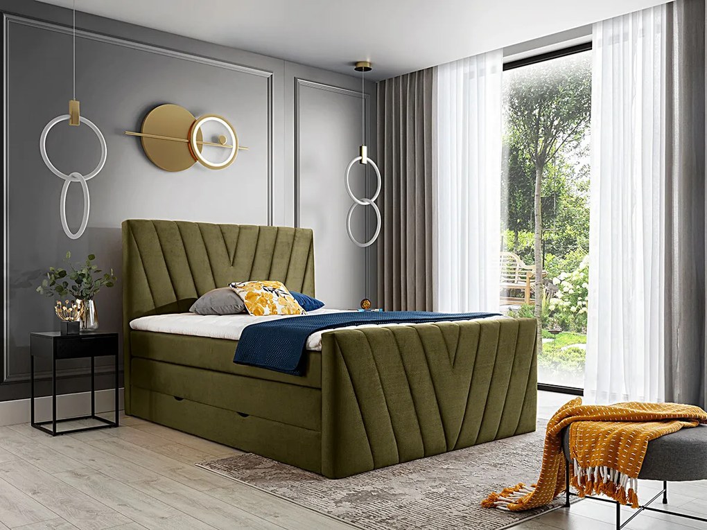 Letto matrimoniale boxspring Dusseldorf - 160 x 200 cm , Tessuto verde oliva