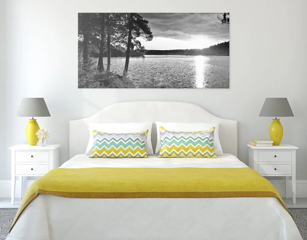 Quadro su tela – Tramonto sul lago in bianco e nero