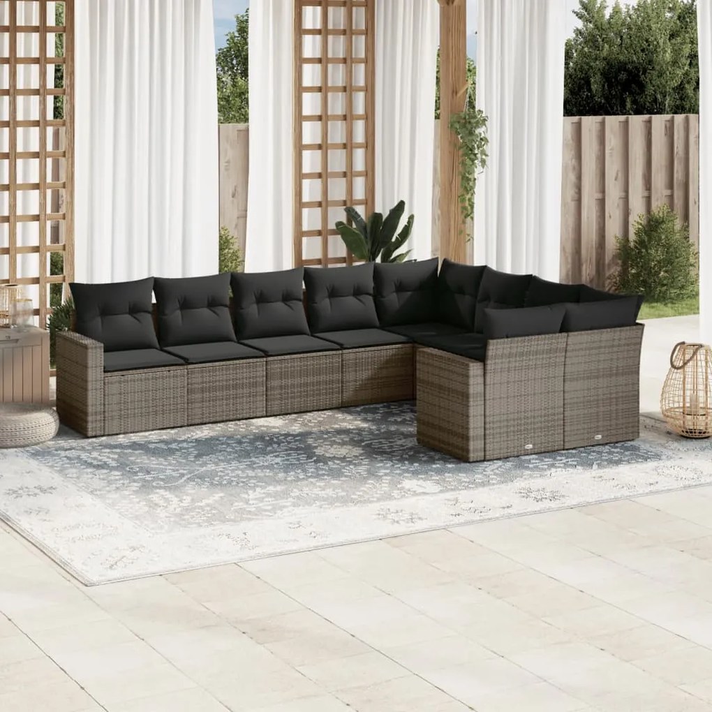 Set Divano da Giardino 9 pz con Cuscini Grigio in Polyrattan