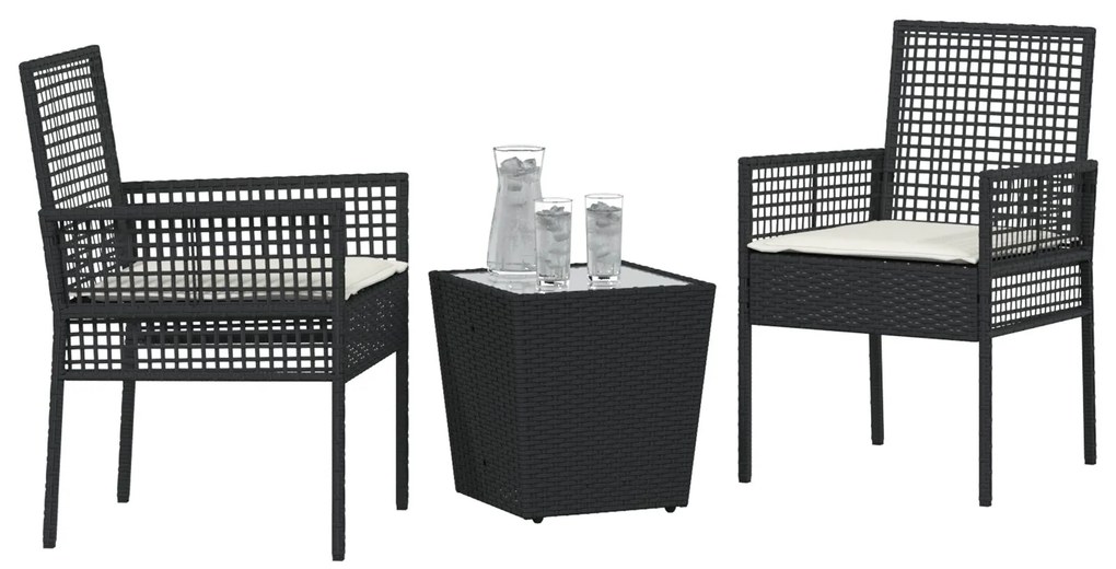 Set bistro da giardino 3 pezzi con cuscini nero in polyrattan