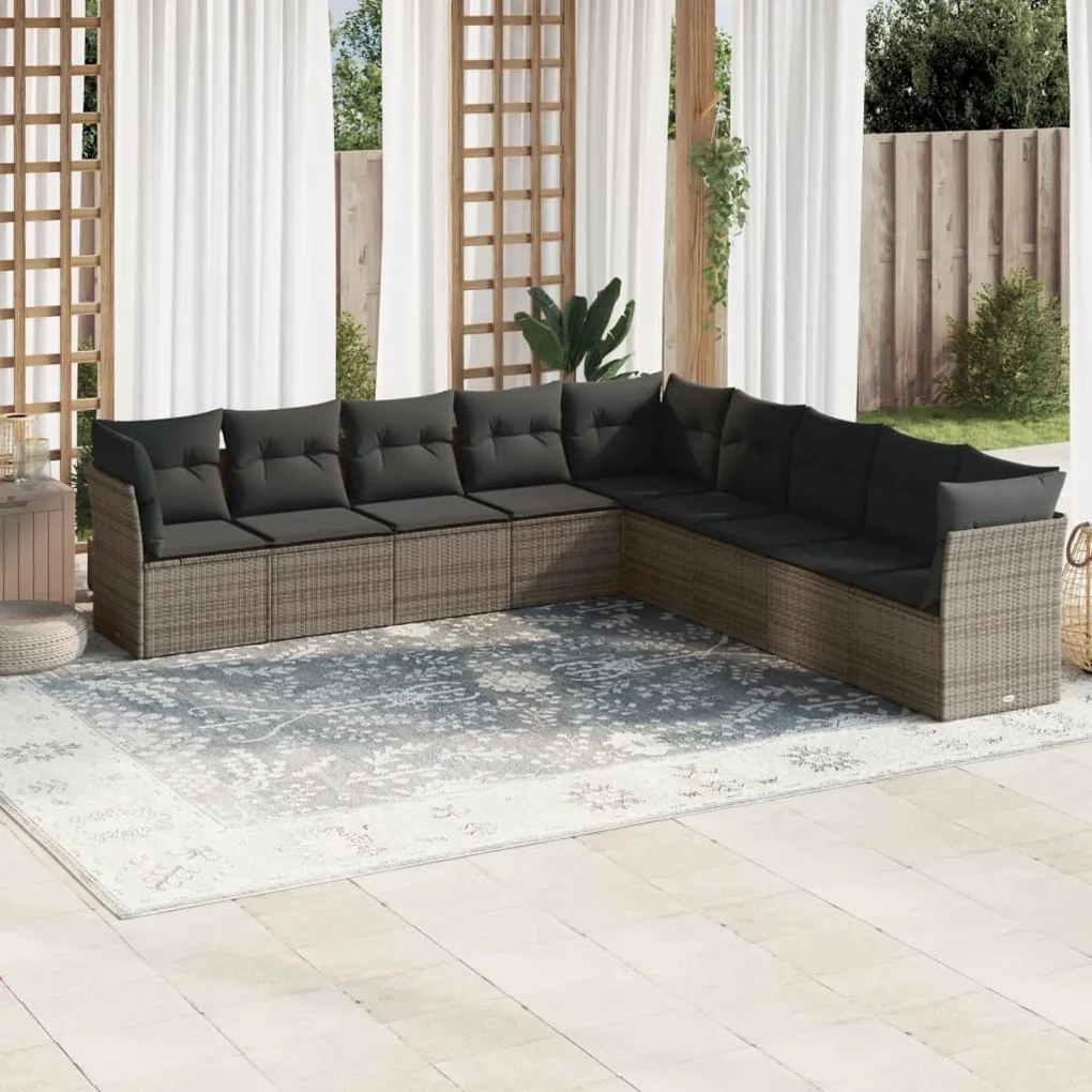 Set Divano da Giardino 9 pz con Cuscini Grigio in Polyrattan