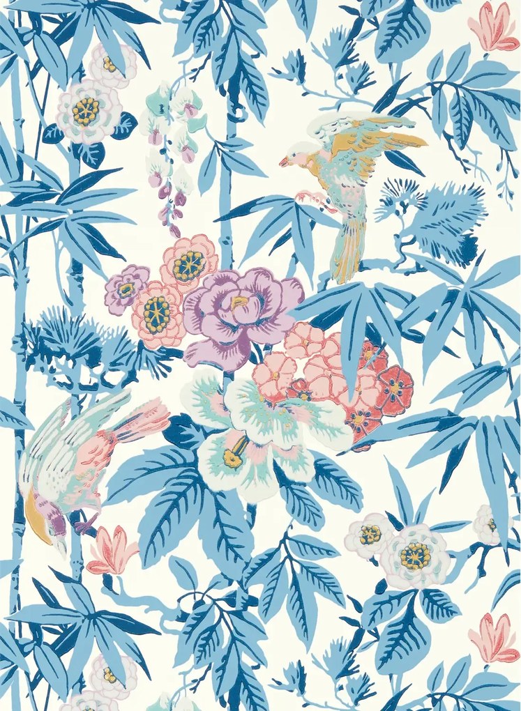 Sanderson Carta da parati Bamboo and Birds - China Blue/ Lotus Pink