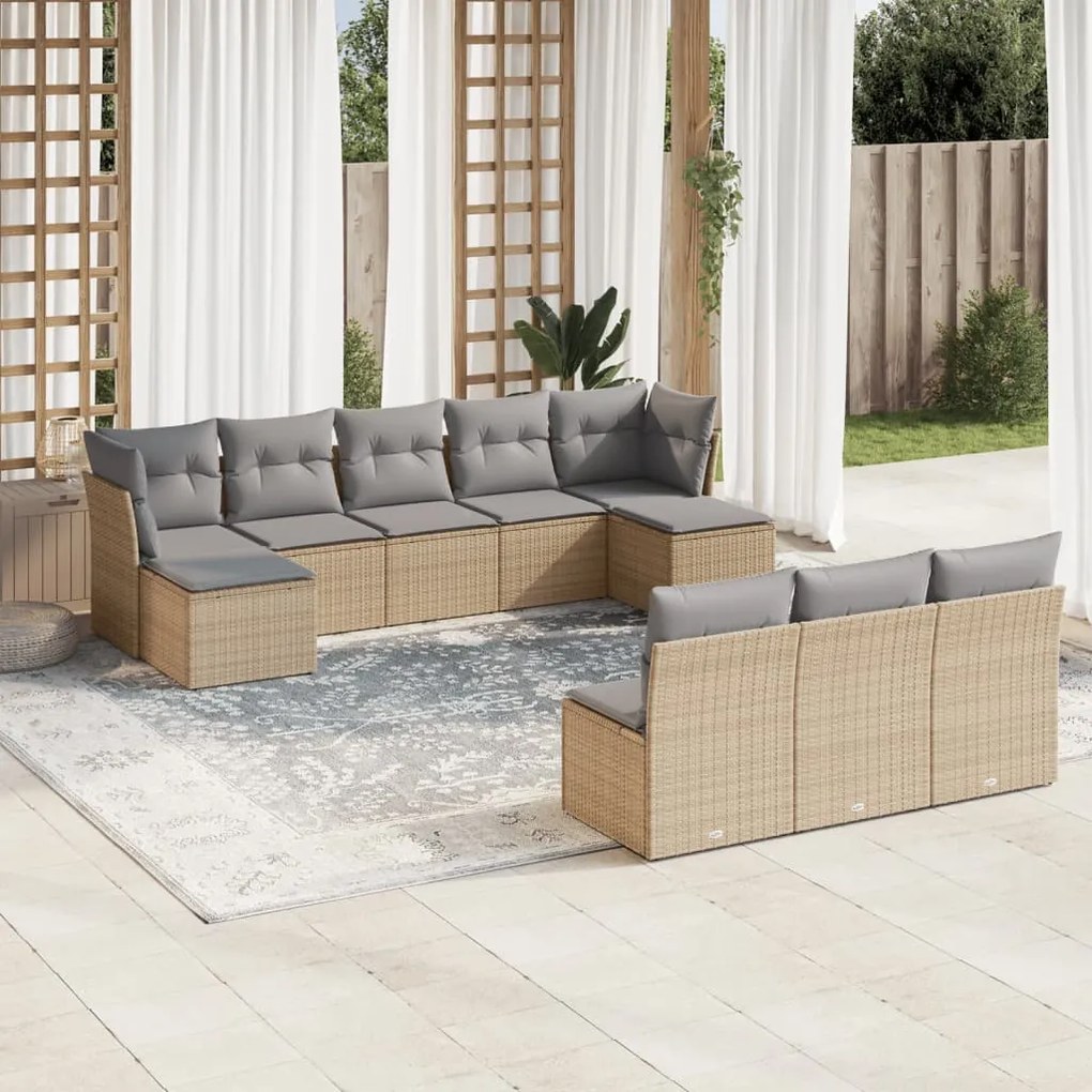 Set Divano da Giardino 10 pz con Cuscini Beige in Polyrattan