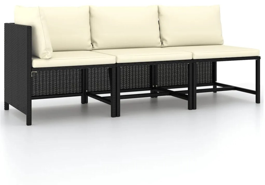 Set Divani da Giardino 3 pz con Cuscini in Polyrattan Nero